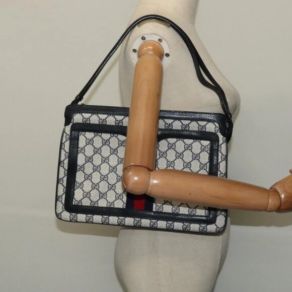 GUCCI GG Supreme Sherry Line Shoulder Bag PVC Navy Gold - Picture 1 of 16